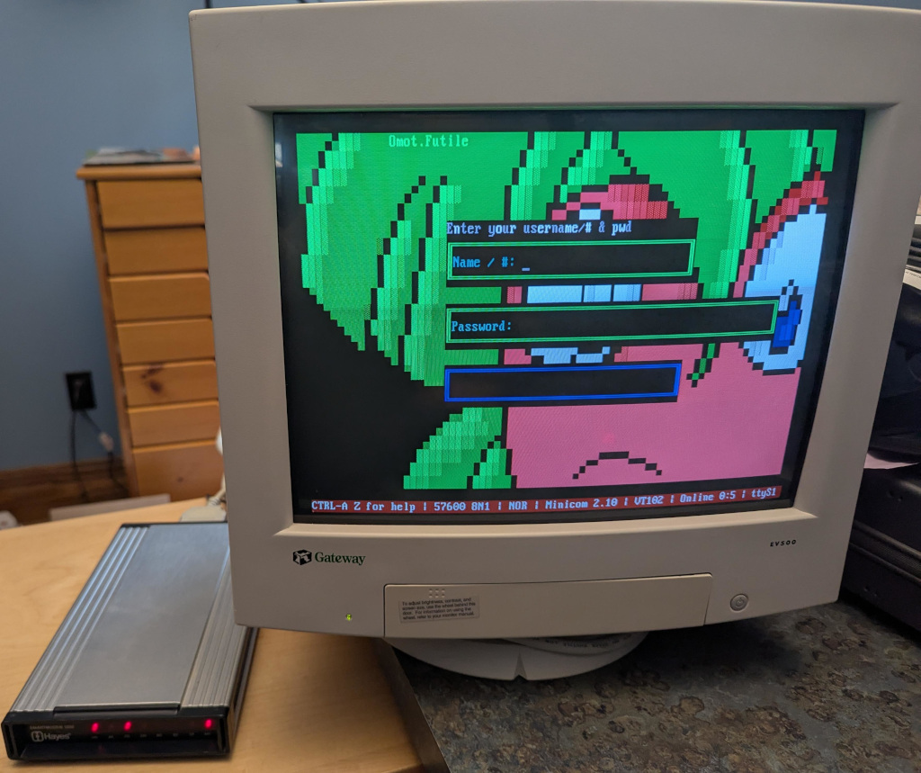 Photo of a color VGA monitor displaying a BBS login screen